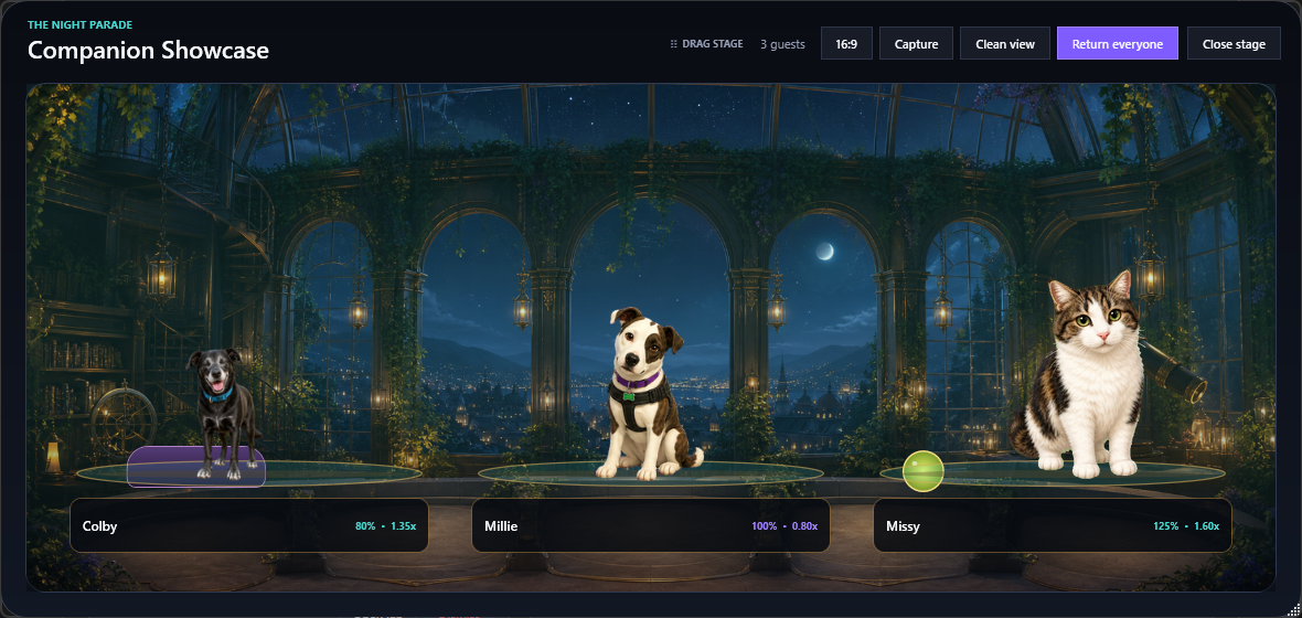 Three animated companions in the Pet Parade observatory